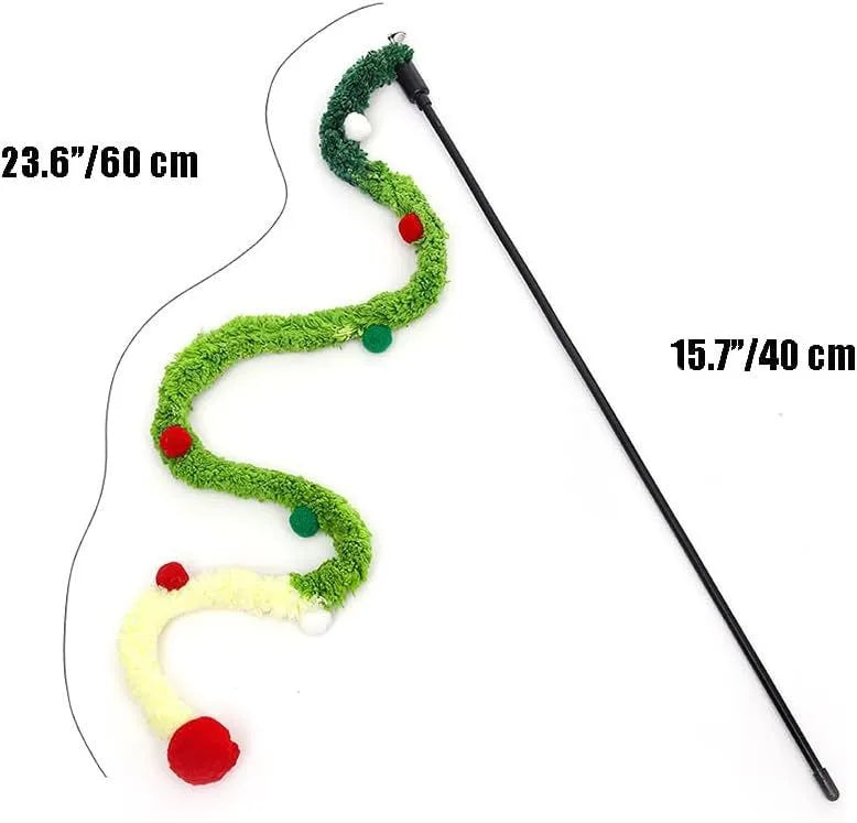 Blue cat wand toy with plush strip and bell, showing 41cm pole and 60cm strip dimensions