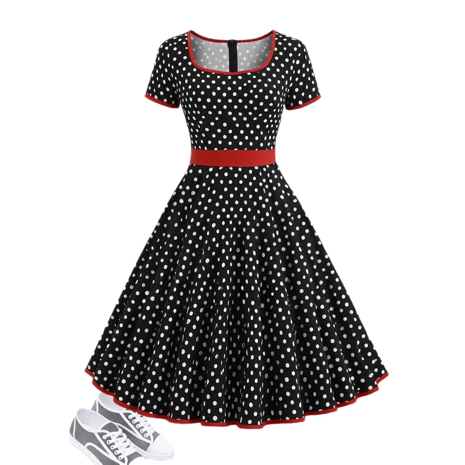 Multicolor polka dot dress with square collar and pleated midi skirt