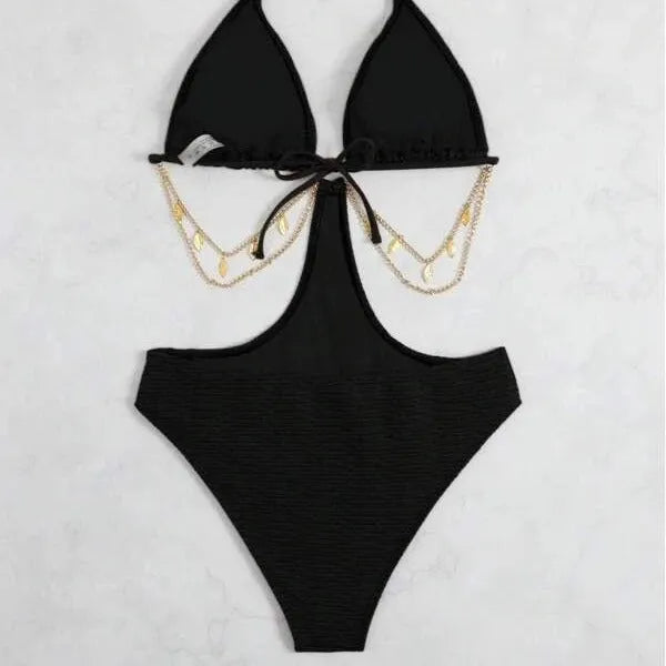 Women's black bikini swimsuit with metal chain decoration showing front view