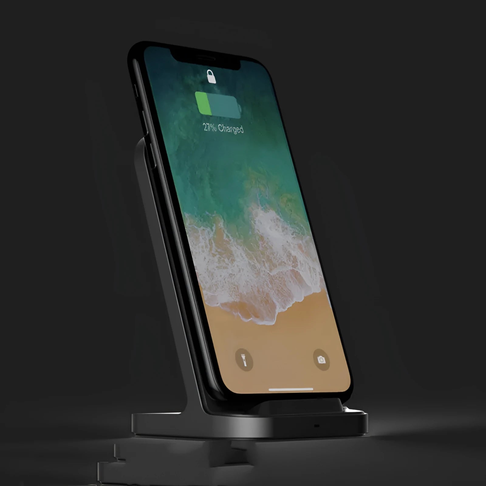 Dark grey vertical wireless charging stand for Apple iPhone smartphones on desktop