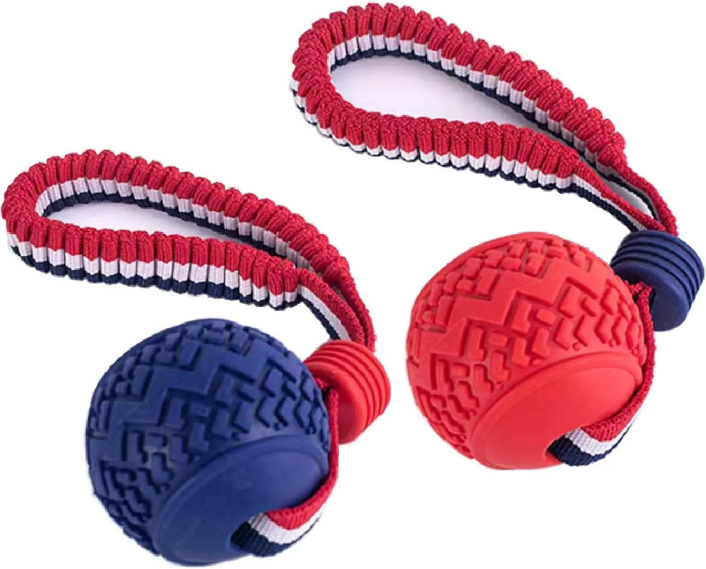 Blue dog ball with rope toy showing 6.5cm diameter ball and cotton rope handle for small dogs