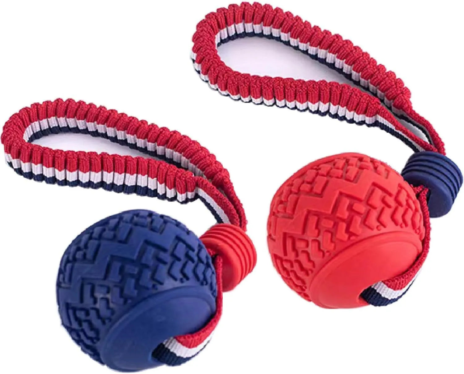 Blue dog ball with rope toy showing 6.5cm diameter ball and cotton rope handle for small dogs