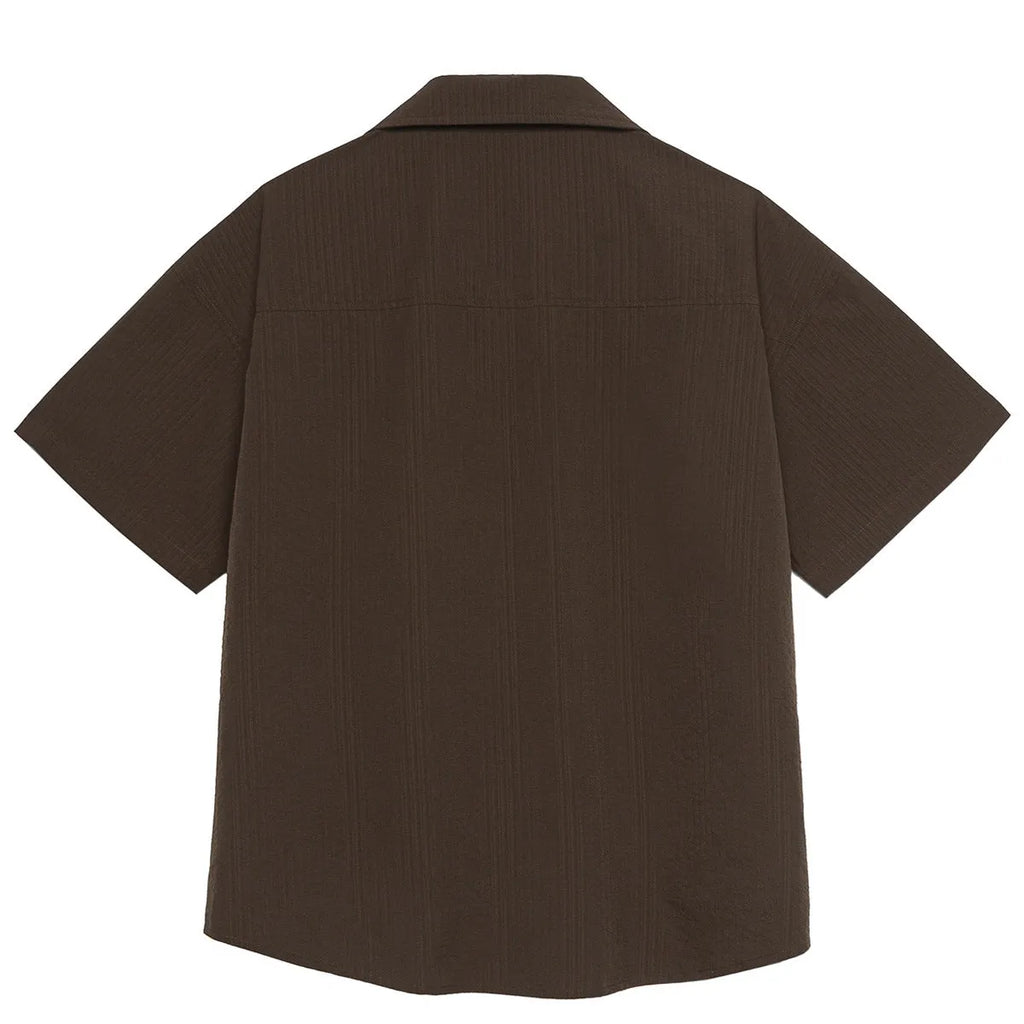 Brown striped short sleeve shirt with a Cuban collar, made from quick-dry polyester for outdoor camping.