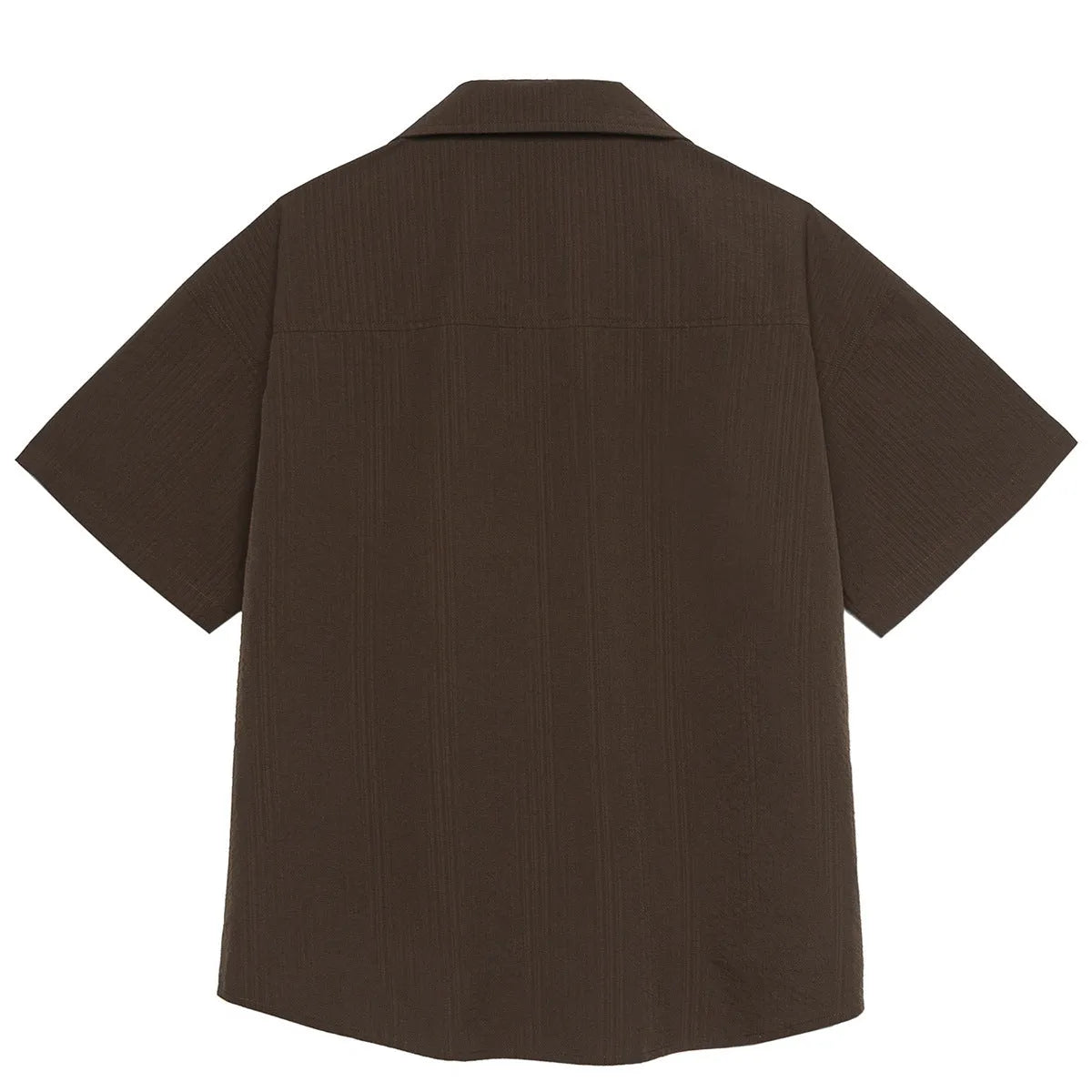 Brown striped short sleeve shirt with a Cuban collar, made from quick-dry polyester for outdoor camping.