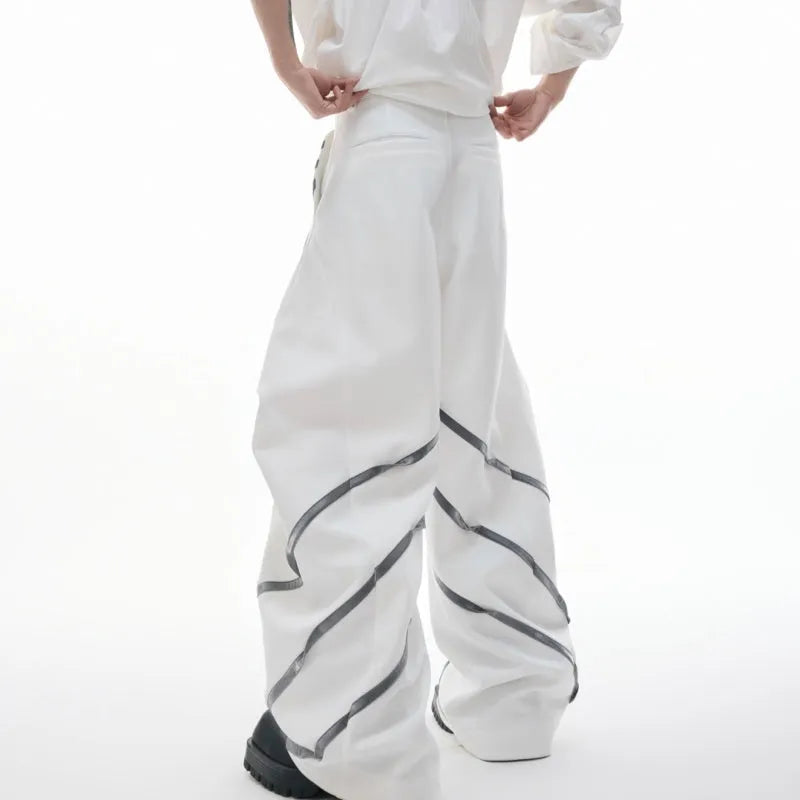 Men's black trousers with metal striped rivet pleats and three-dimensional cutting detail