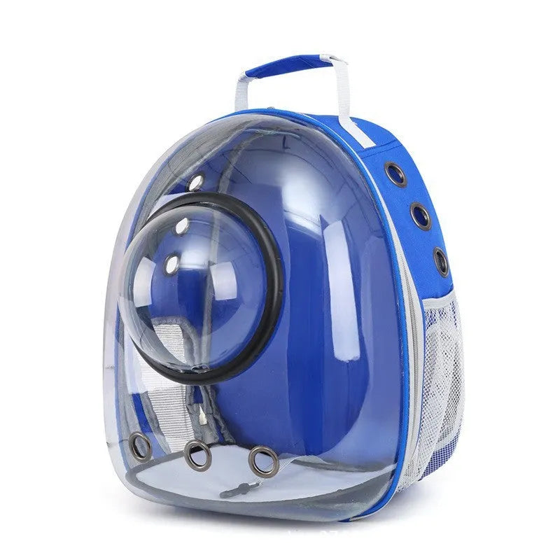 Grey PC astronaut-style pet carrier backpack with side-opening door for a cat.