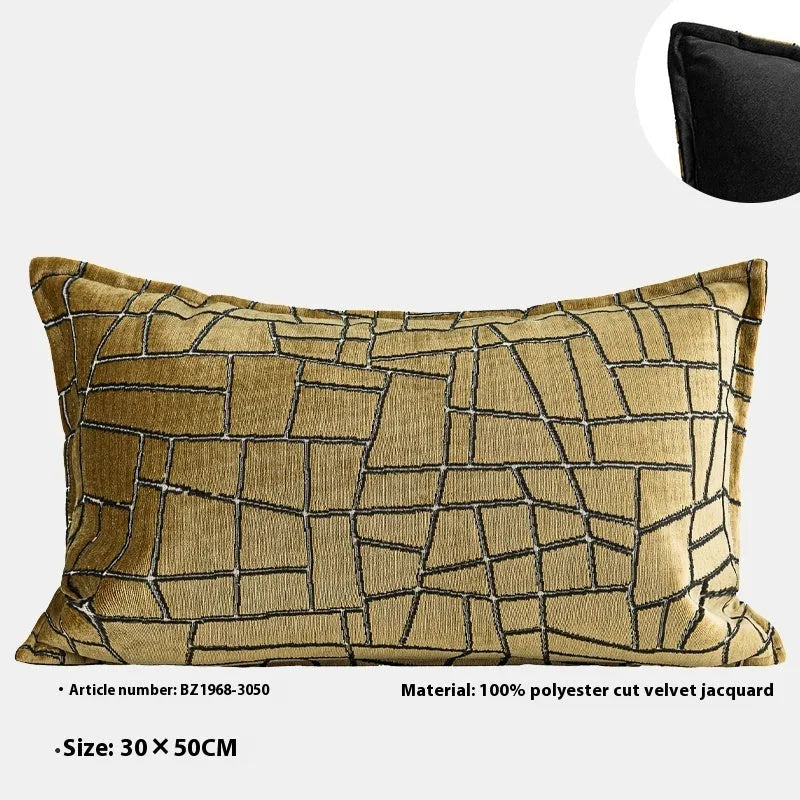 Geometric abstract pattern cushion cover in gold colour on polyester feather velvet fabric