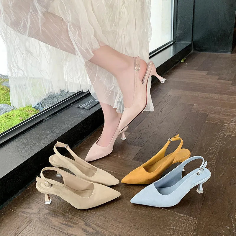 Women's pointed stiletto high heel shoes in suede, showing apricot, pink, blue, and yellow colour options.