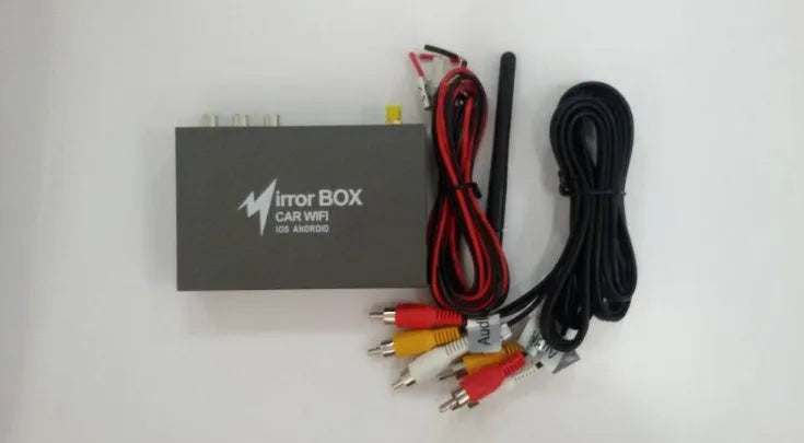 Black Car Mirror Link Box Wi-Fi converter with power cable, AV cable, antenna, and manual