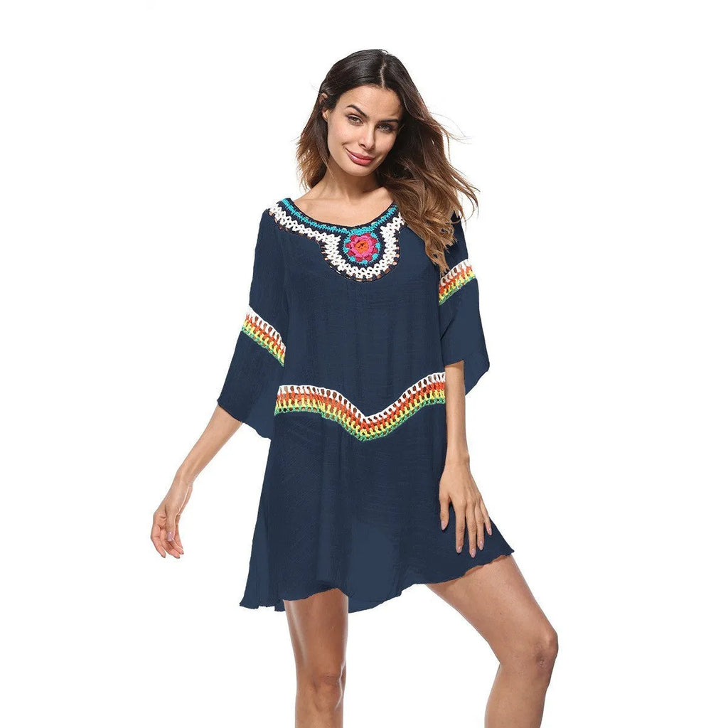 Women's crocheted ethnic style sun protection clothing cover-up in apricot colour.