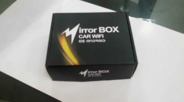Black Car Mirror Link Box Wi-Fi converter with power cable, AV cable, antenna, and manual