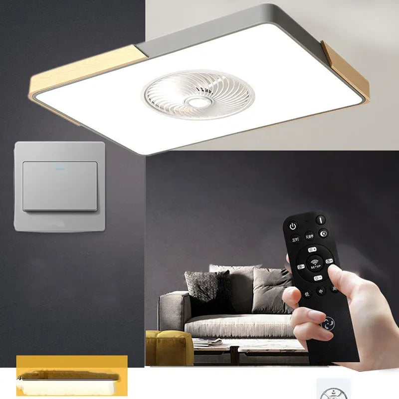 Nordic style ceiling fan lamp with solid wood construction and integrated LED lighting in three design options