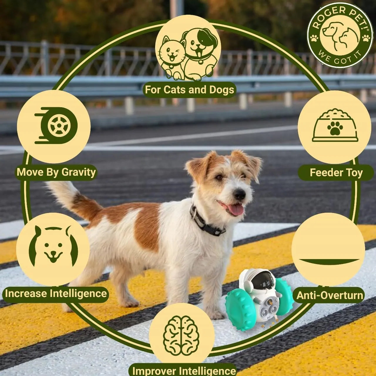 Self-balancing dog treat dispenser toy in robot design for interactive pet play