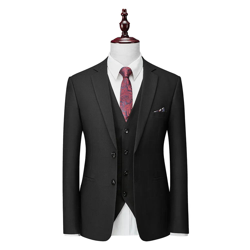 Men's navy blue slim fit plaid three-piece suit with vest, jacket, and trousers on a hanger.