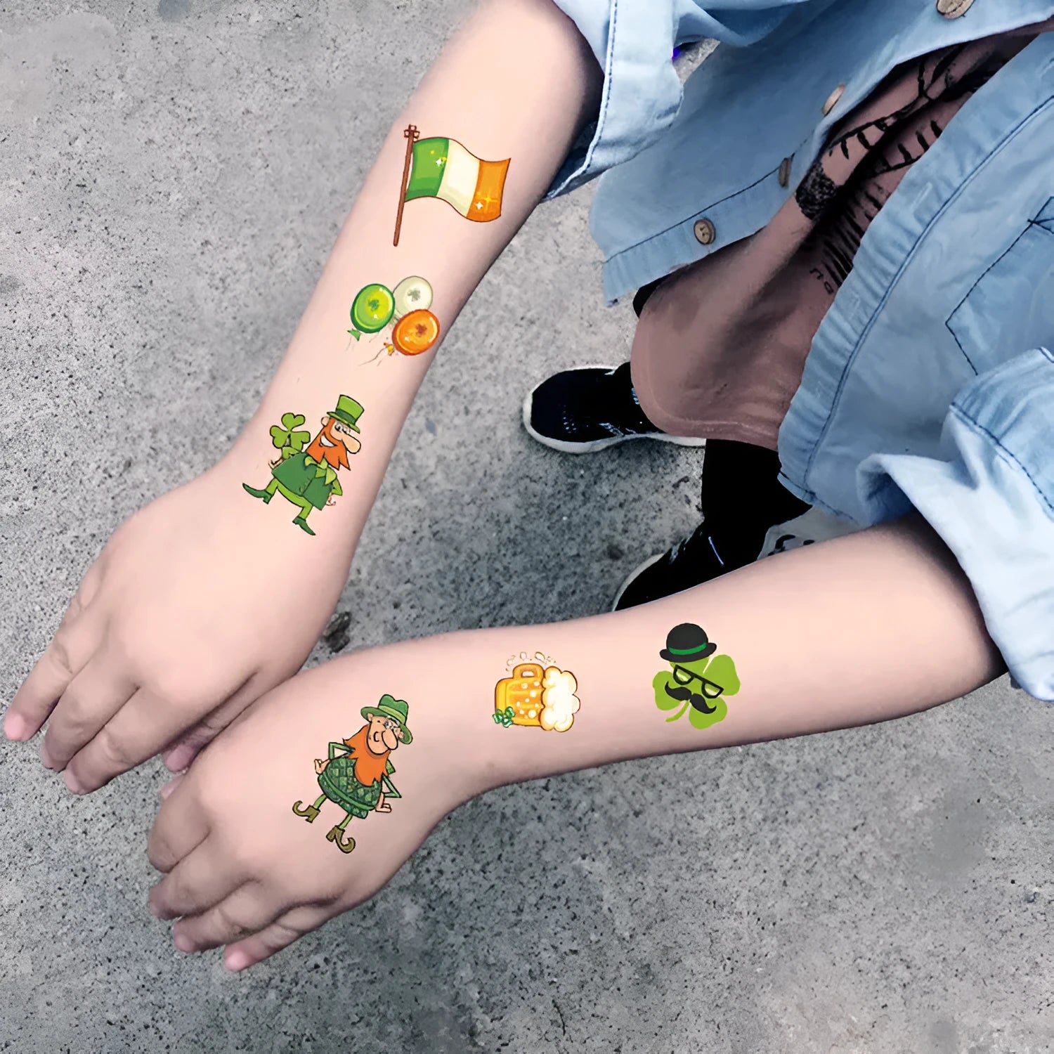 Pack of St Patrick's Day clover temporary tattoo stickers, 120mm by 75mm water transfer design.