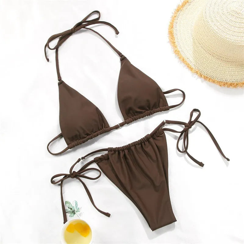 Women's polka dot print split swimsuit bikini with triangle bottom and matching bra