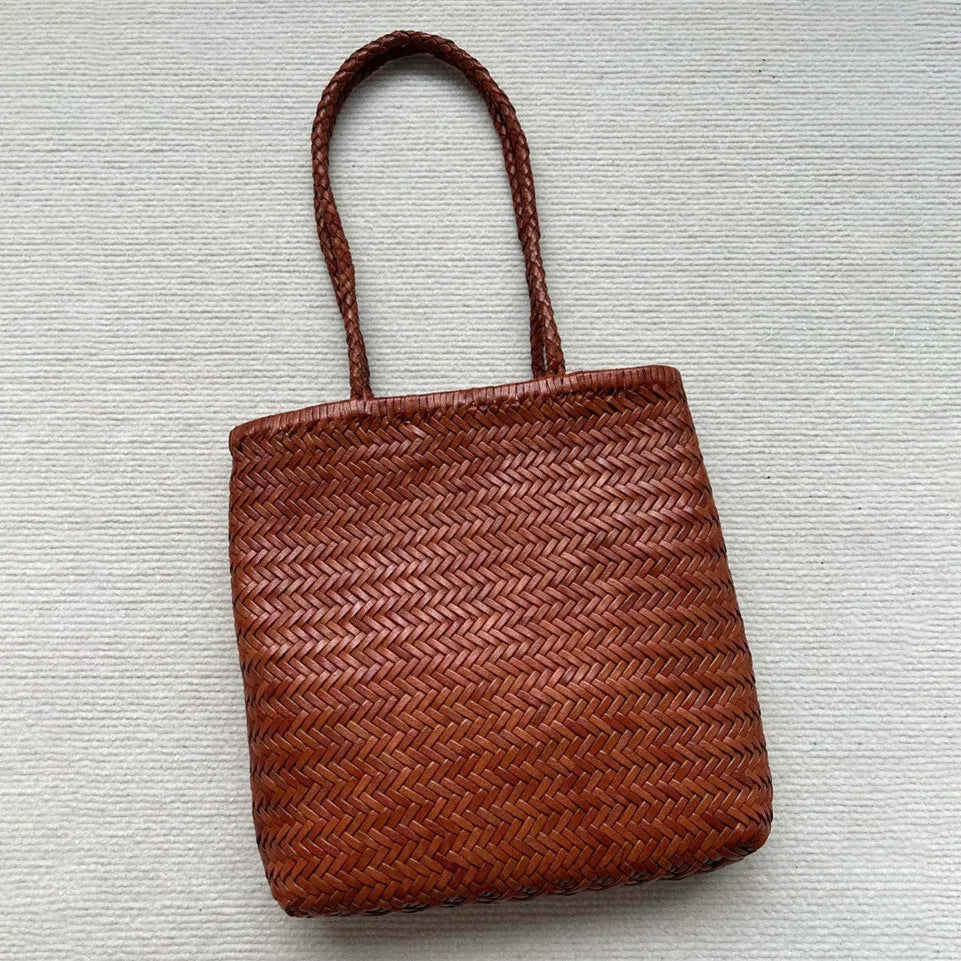 Brown handmade woven tote bag with vintage style and three-dimensional pocket design