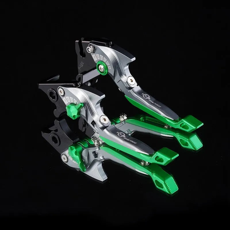 Pair of anodised metal motorcycle brake and clutch levers with adjustable length mechanism