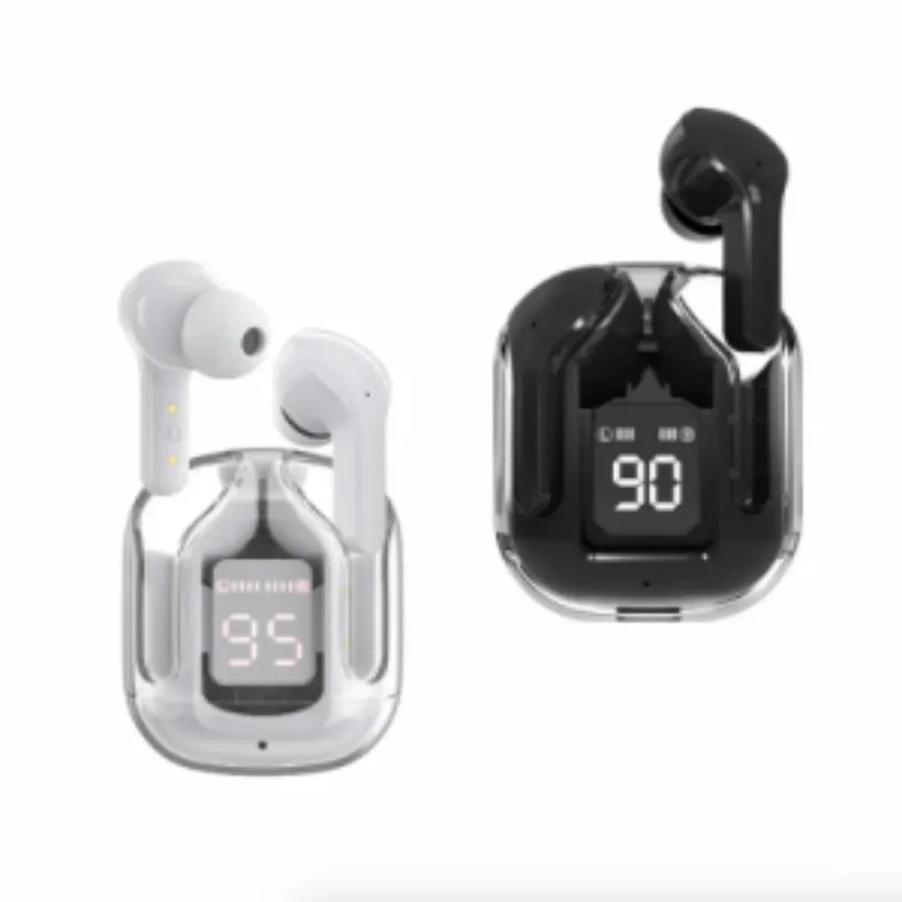 Transparent space capsule shaped case containing true wireless Bluetooth earphones in light blue colour.