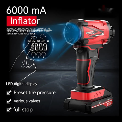 Red and black portable car tyre inflator with digital display, battery, and accessory nozzles on a grey background.