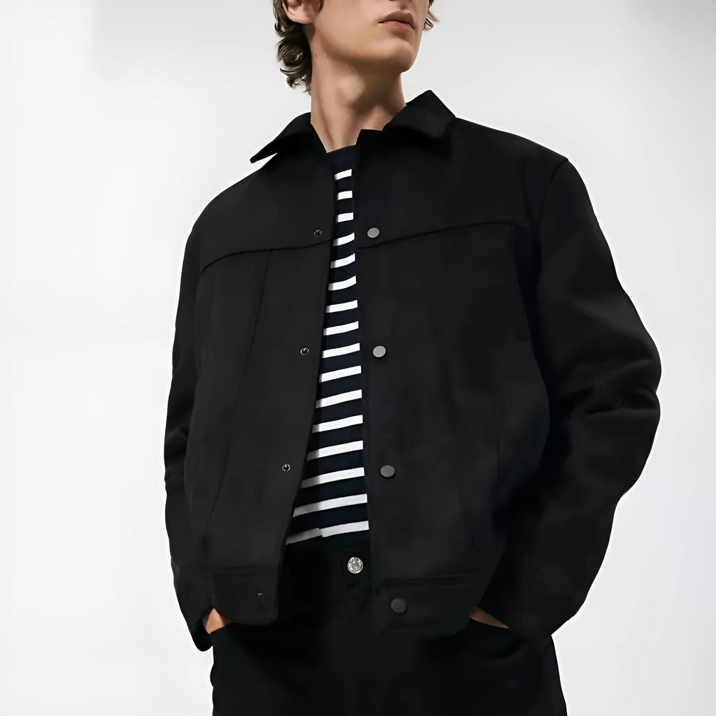 Men's black hooded jacket with a suede collar, showing side seam pockets and long sleeves.