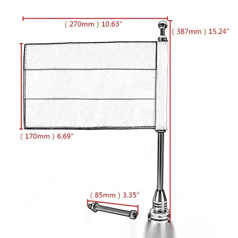Side-mounted motorbike flagpole for luggage racks in black or silver electroplated finish
