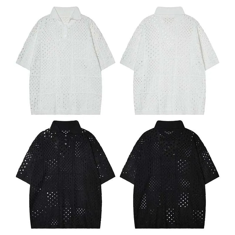Short-sleeved polo shirt in loose cardigan style for teenagers, available in black or white colours
