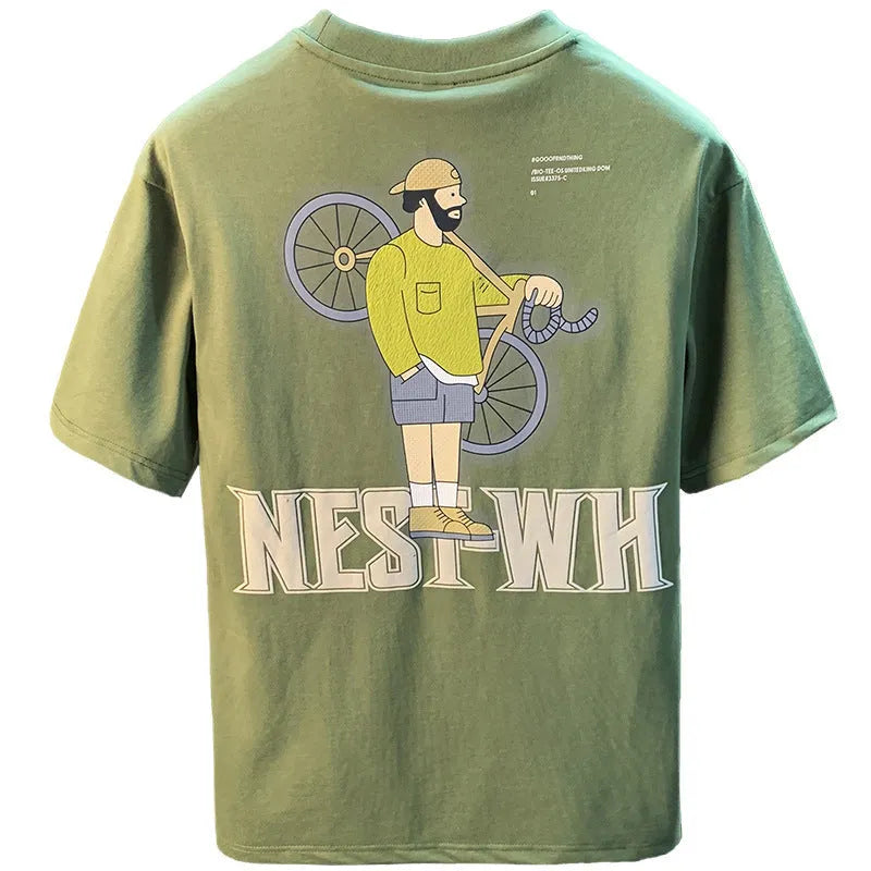 Green men's loose fit t-shirt with trendy literary youth printed design and short sleeves