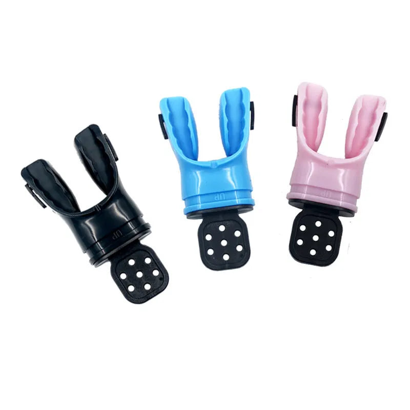 Silicone diving mouthpiece showing 110mm length and multiple colour options including black, blue, and transparent variants