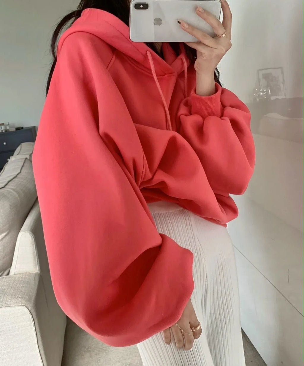 Women's watermelon red mulberry silk loose hooded sweater front and back views