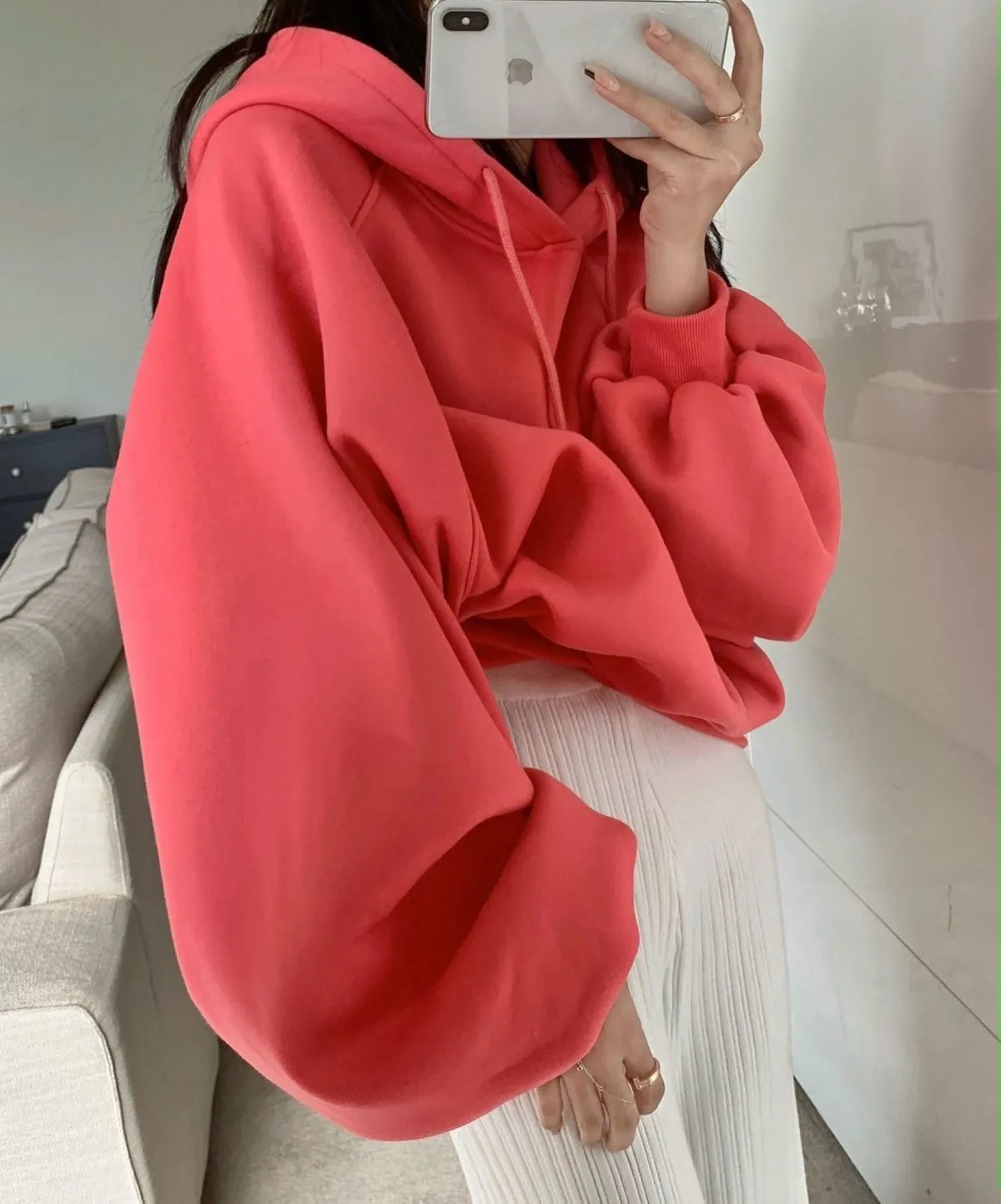 Women's watermelon red mulberry silk loose hooded sweater front and back views