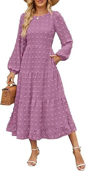 Women's beige long sleeve casual dress with ruffled sleeves and a high waist, shown on a hanger.