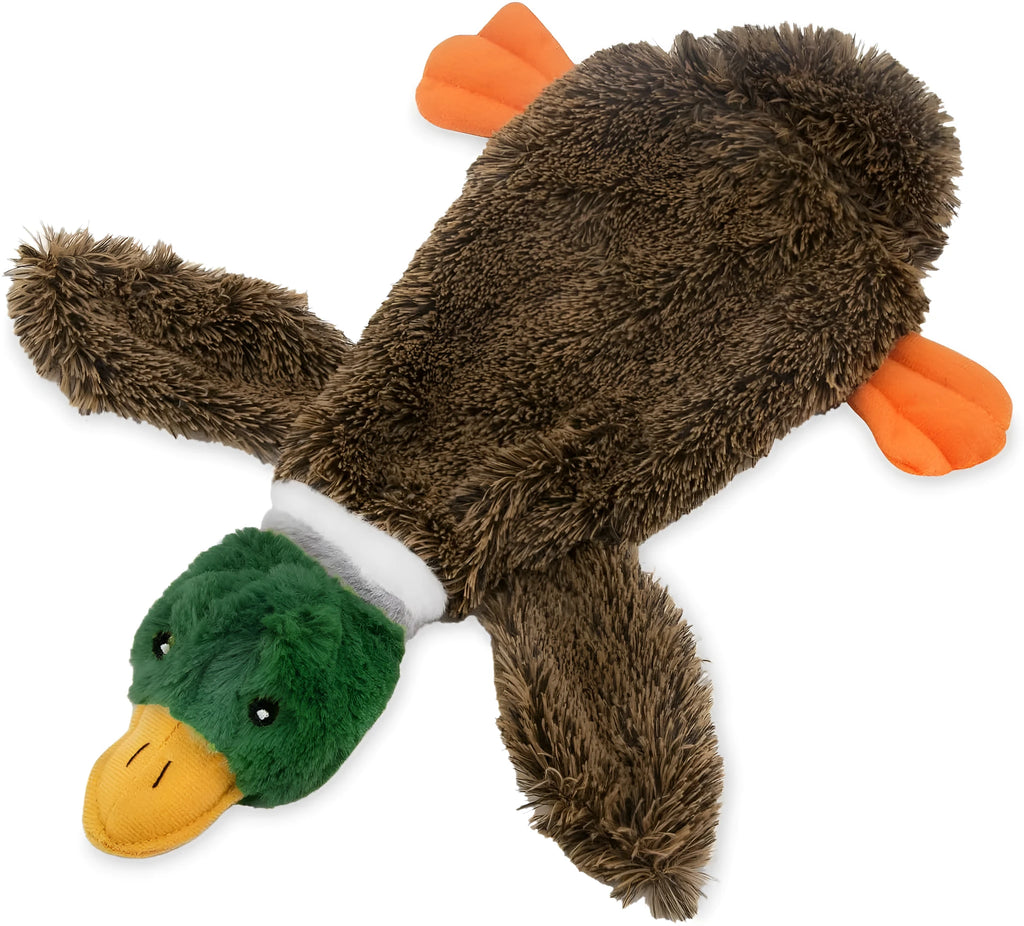 Green stuffless dog toy shaped like a wild duck with two squeakers and bottle cavity opening