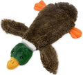 Green stuffless dog toy shaped like a wild duck with two squeakers and bottle cavity opening