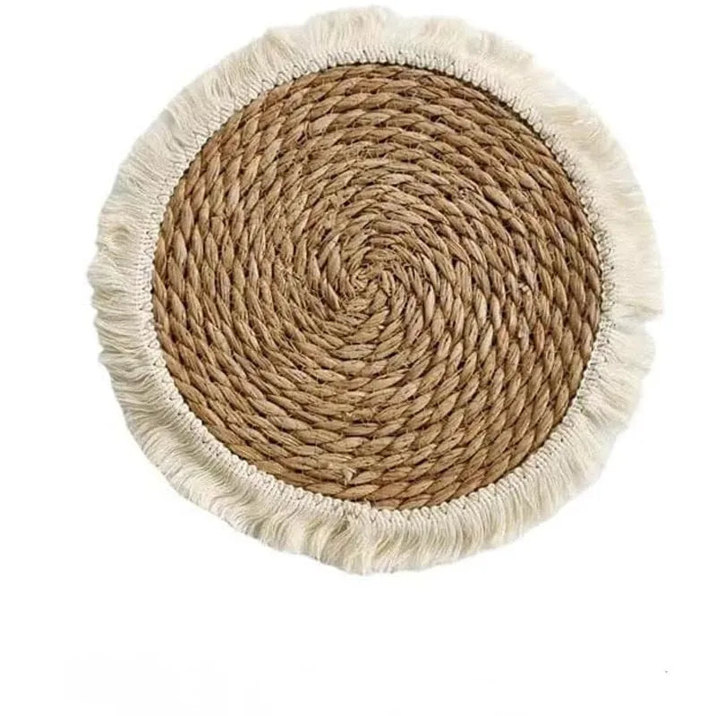 Round natural papyrus placemat with tassels in modern simplicity design