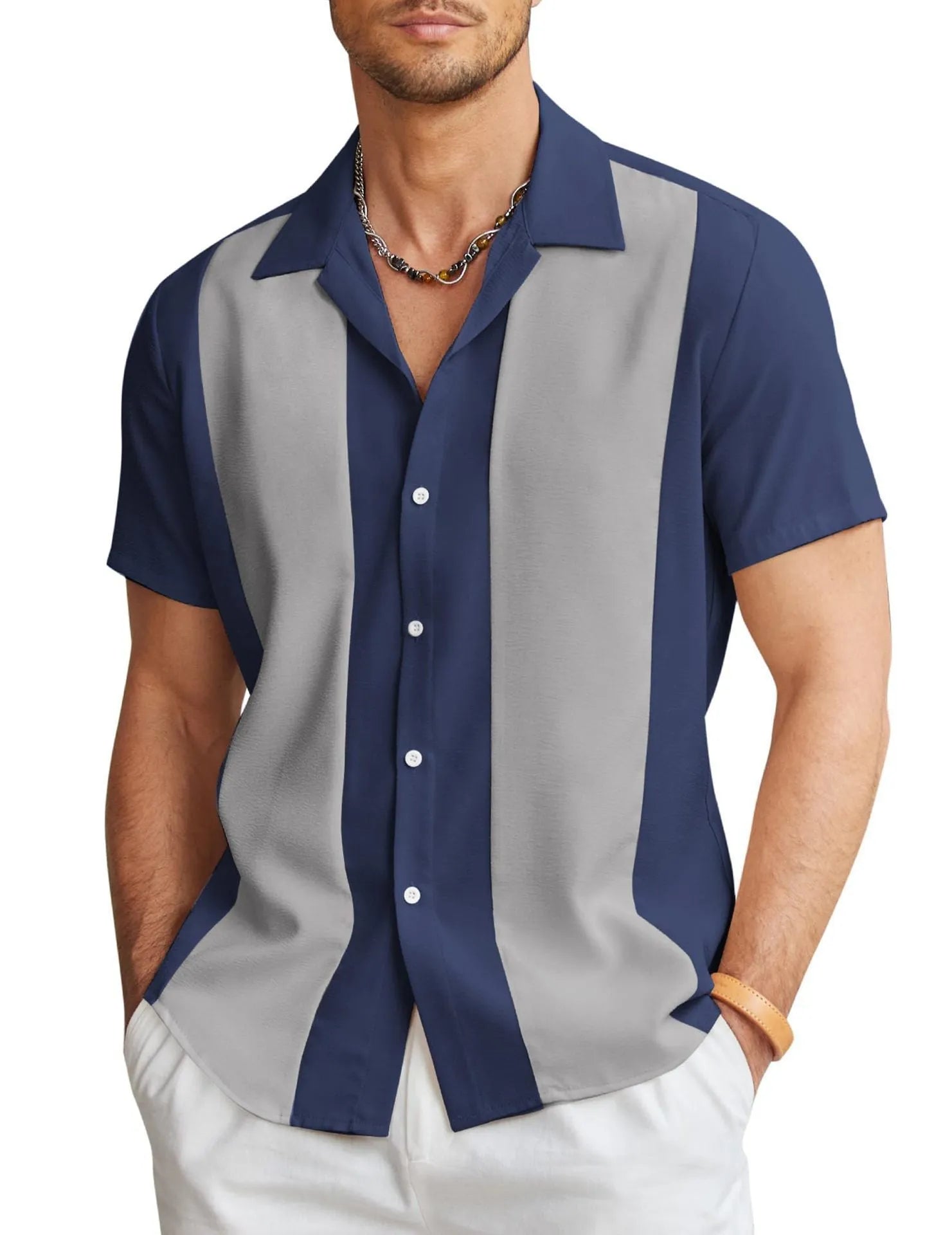 Men's slim fit Hawaiian short sleeve shirt with digital printing on elastic polyester fabric