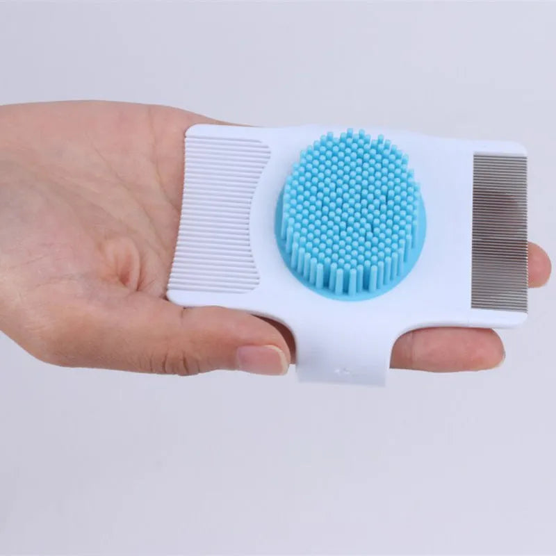 Small blue or green multifunctional dog grooming tool with hair removal and massage functions