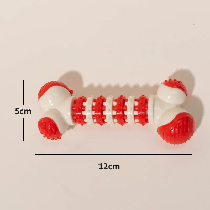 Small blue bone-shaped dog toy with textured chewable ends and central treat compartment