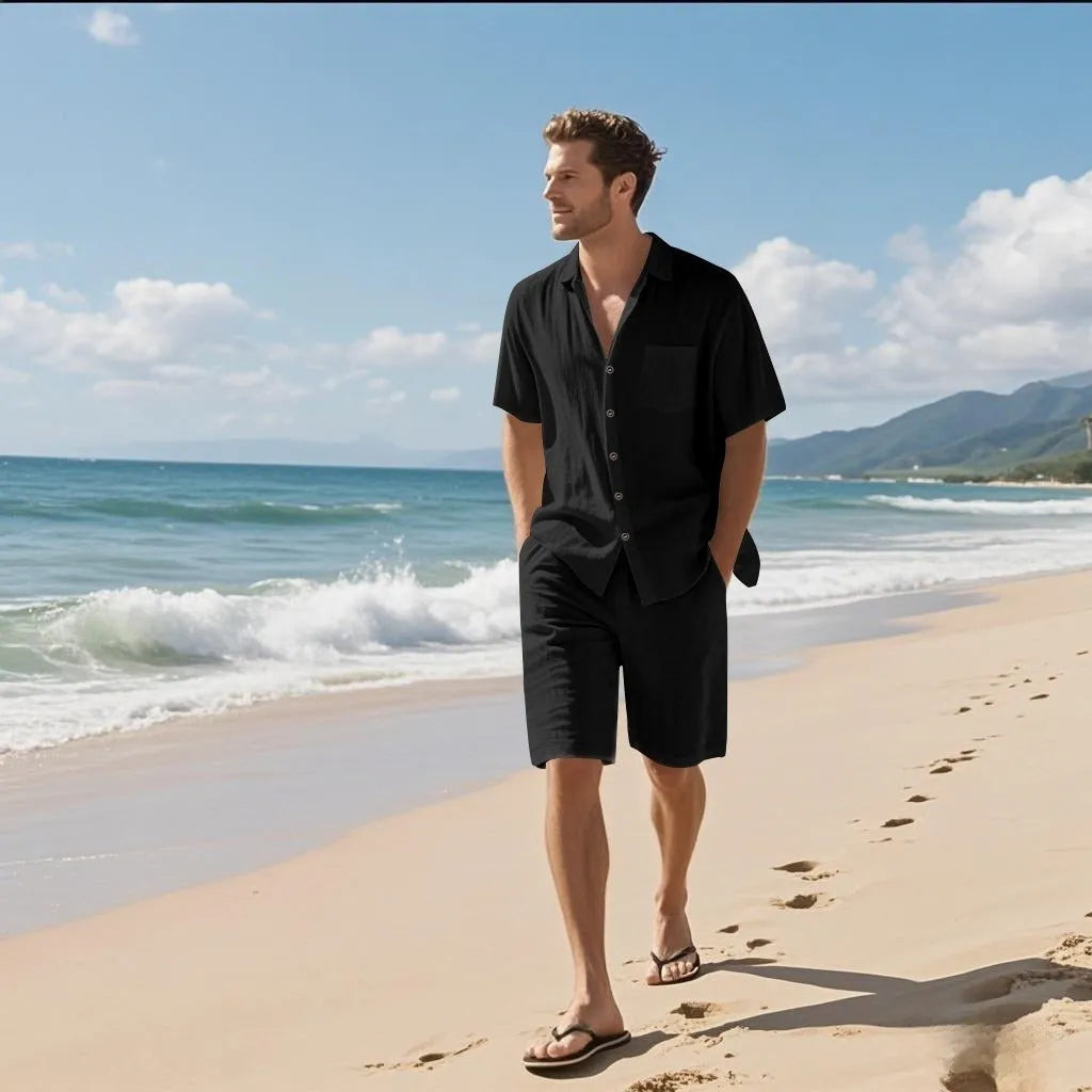 Linen blend short sleeve shirt and shorts leisure suit in Army Green colour