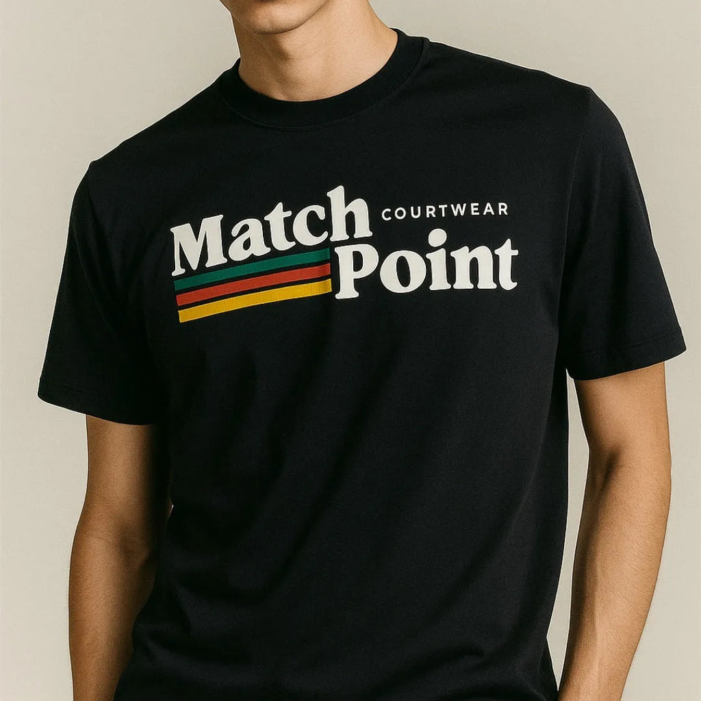 Black men's casual t-shirt with 3D digital text print, round neck, and short sleeves.