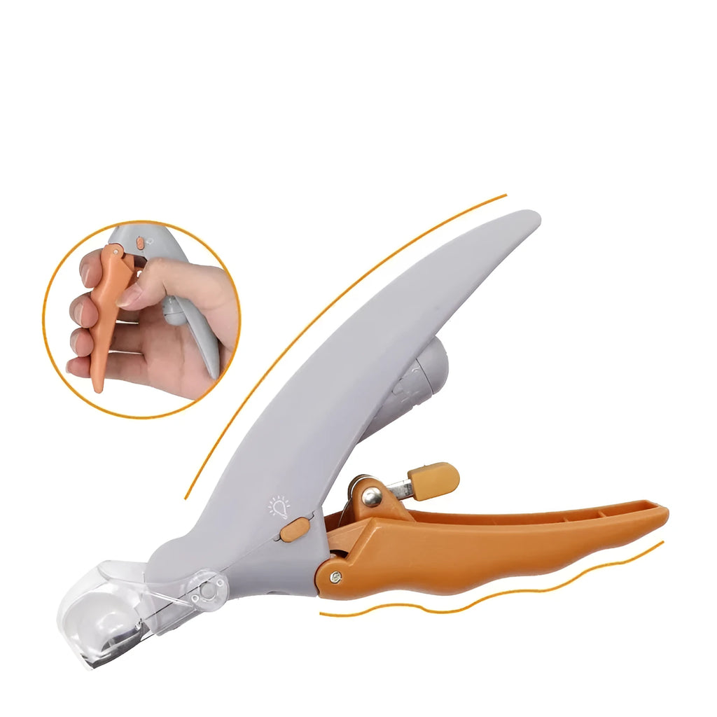 Yellow pet nail clipper with LED light, magnifying glass and safety guard for dog and cat grooming