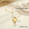 Geometric double heart pendant on a stainless steel snake bones chain necklace in gold or steel finish.