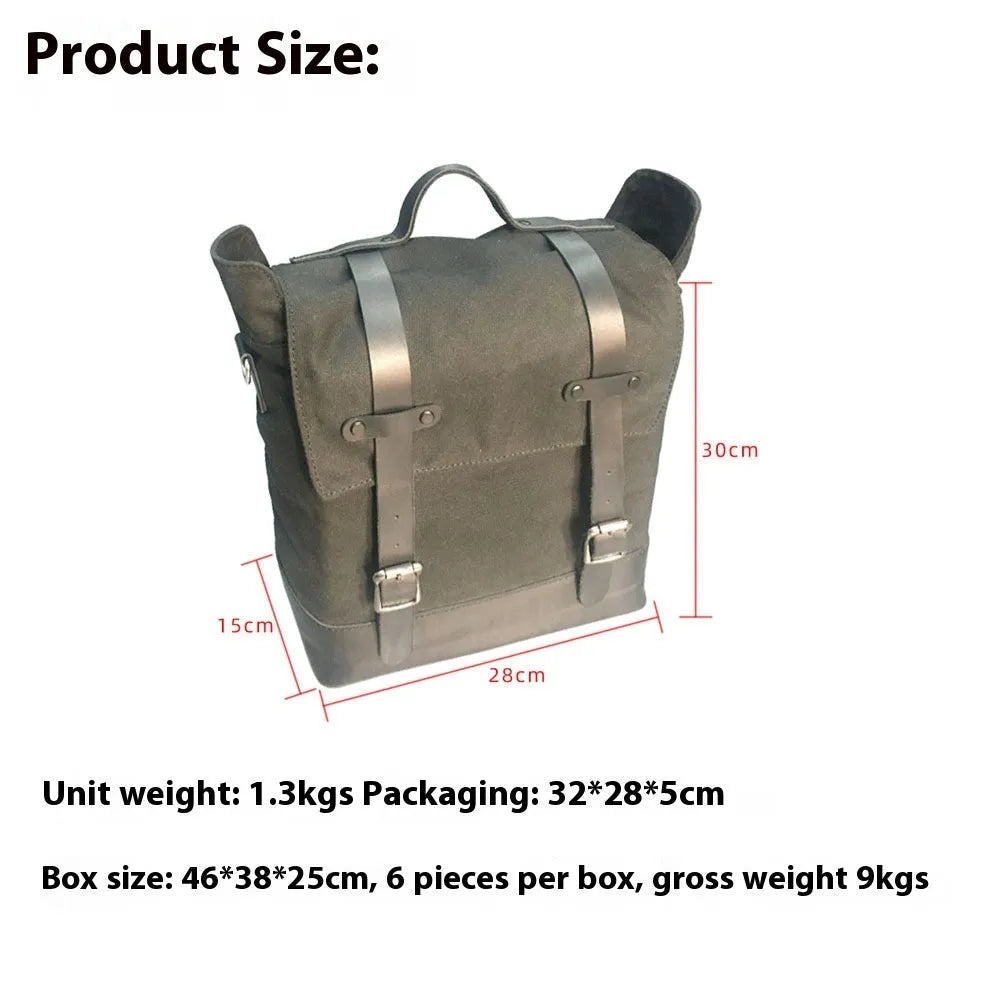 Thick waterproof canvas motorcycle side bag showing dimensions and black colour option