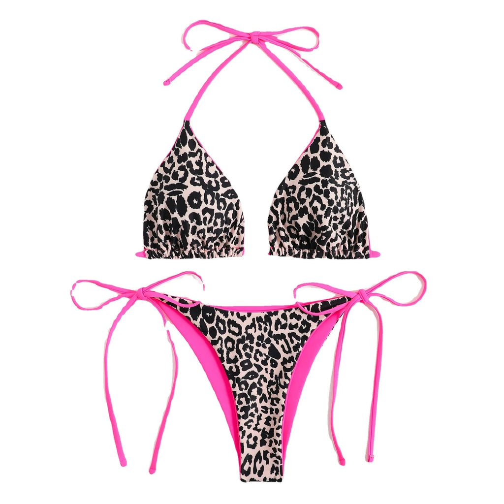 Women's lace-up triangle split bikini swimwear set with adjustable front in polyester fabric