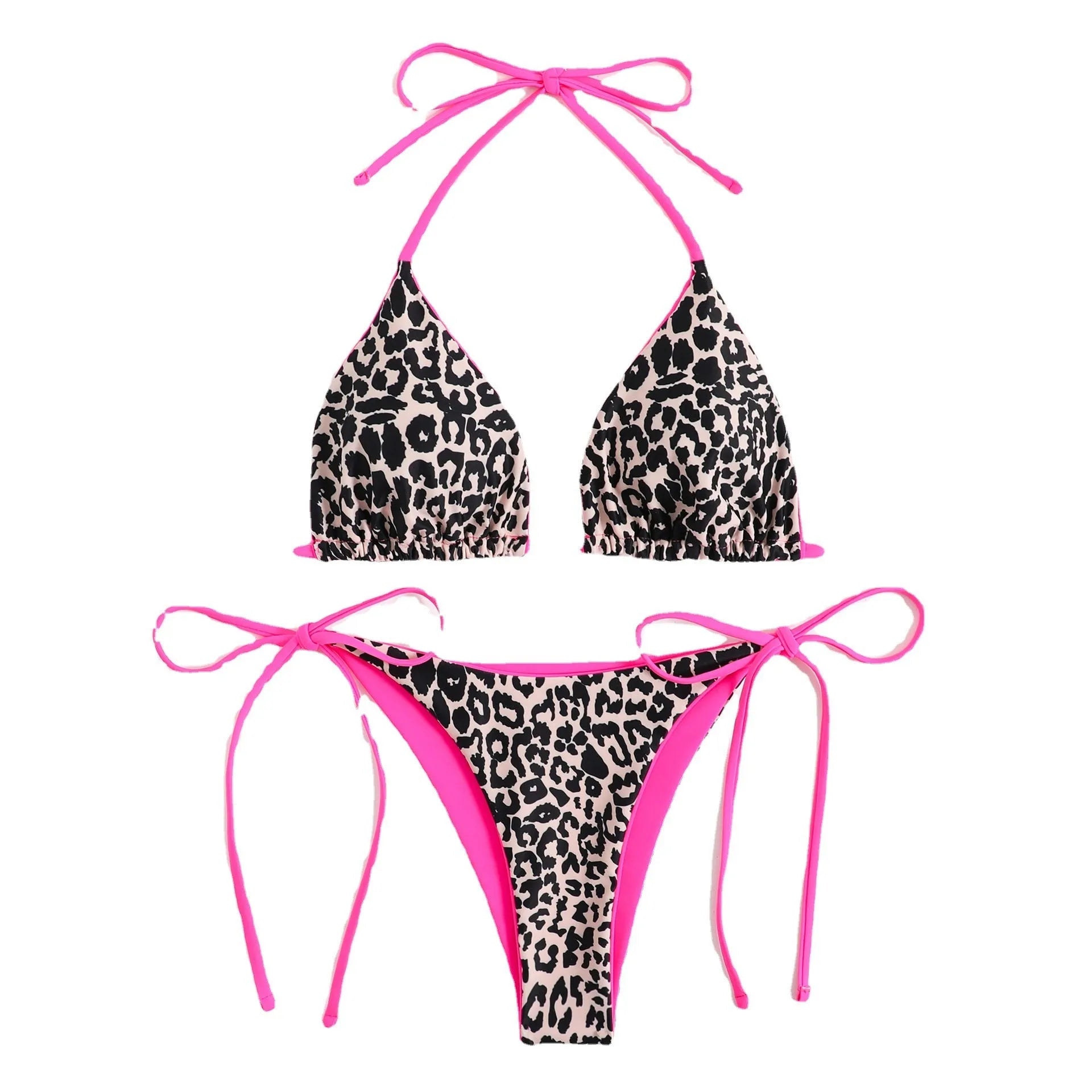 Women's lace-up triangle split bikini swimwear set with adjustable front in polyester fabric