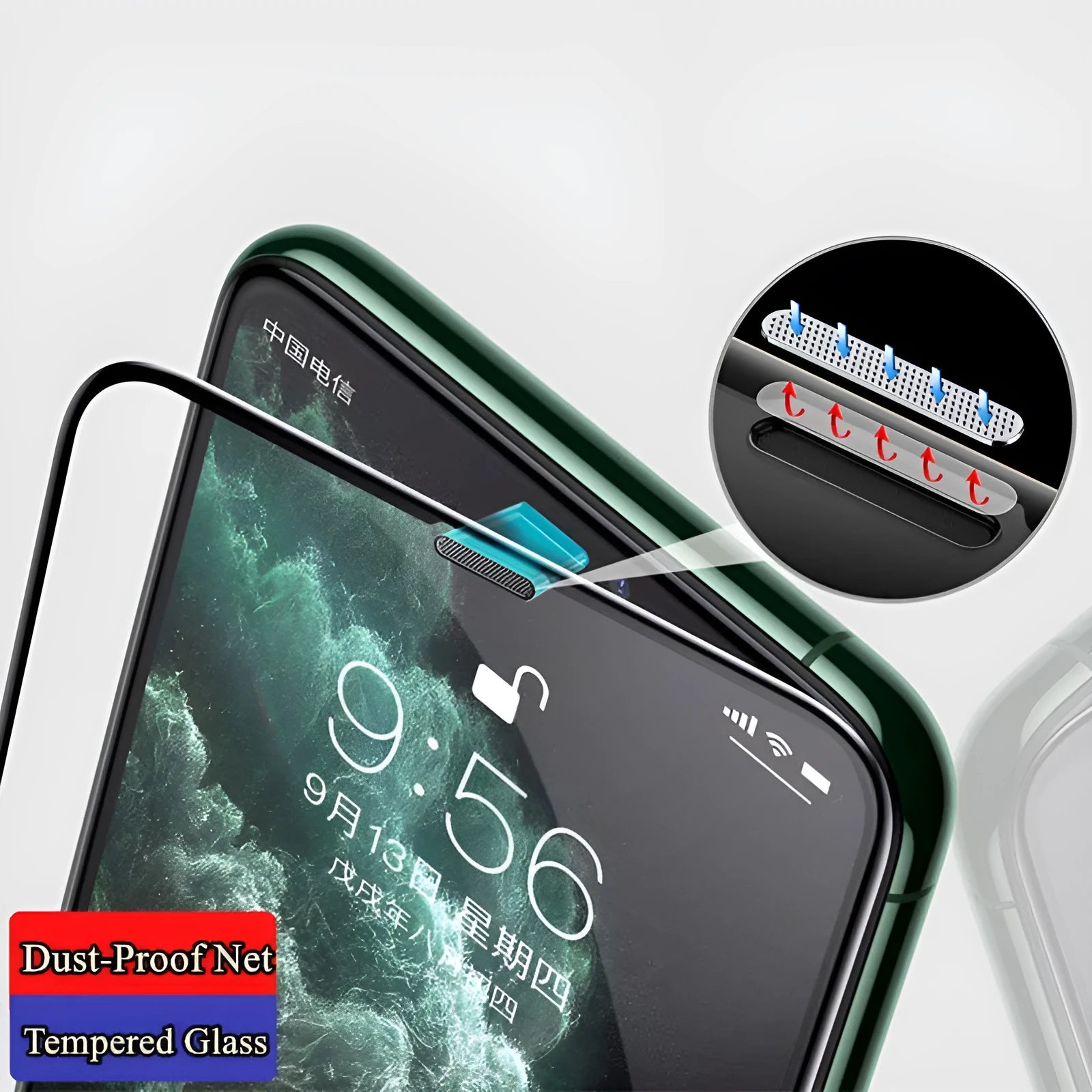 Tempered glass iPhone screen protector with privacy anti-peep film shown on an iPhone.