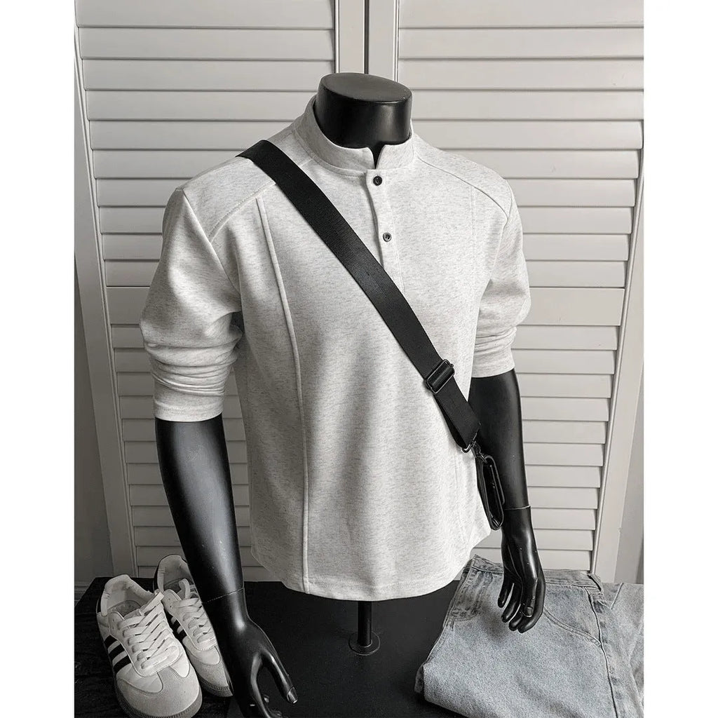 Men's polo shirt with stand-up collar and patchwork shoulder detailing in Chinese cotton fabric