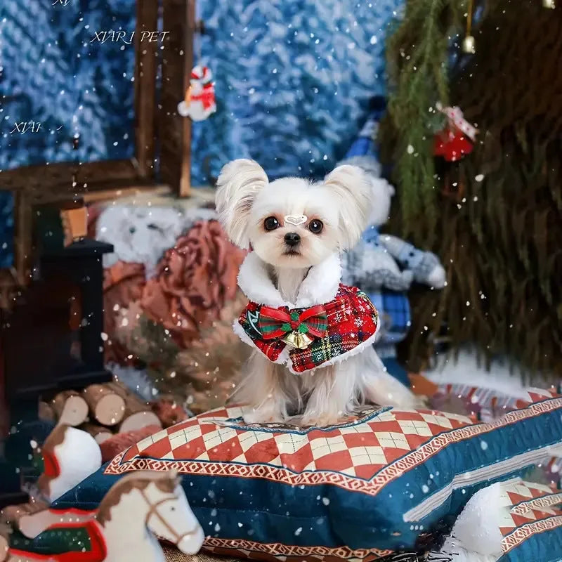 Festive pet scarf with snowflake bell design in red background for dog or cat winter holiday wear