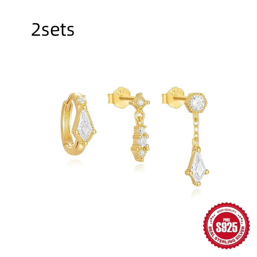 S925 sterling silver geometric earrings with zircon tassels in gold tone colours