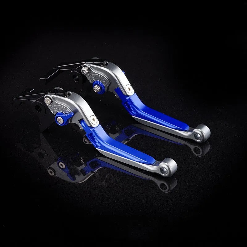 Pair of anodised metal motorcycle brake and clutch levers with adjustable length mechanism